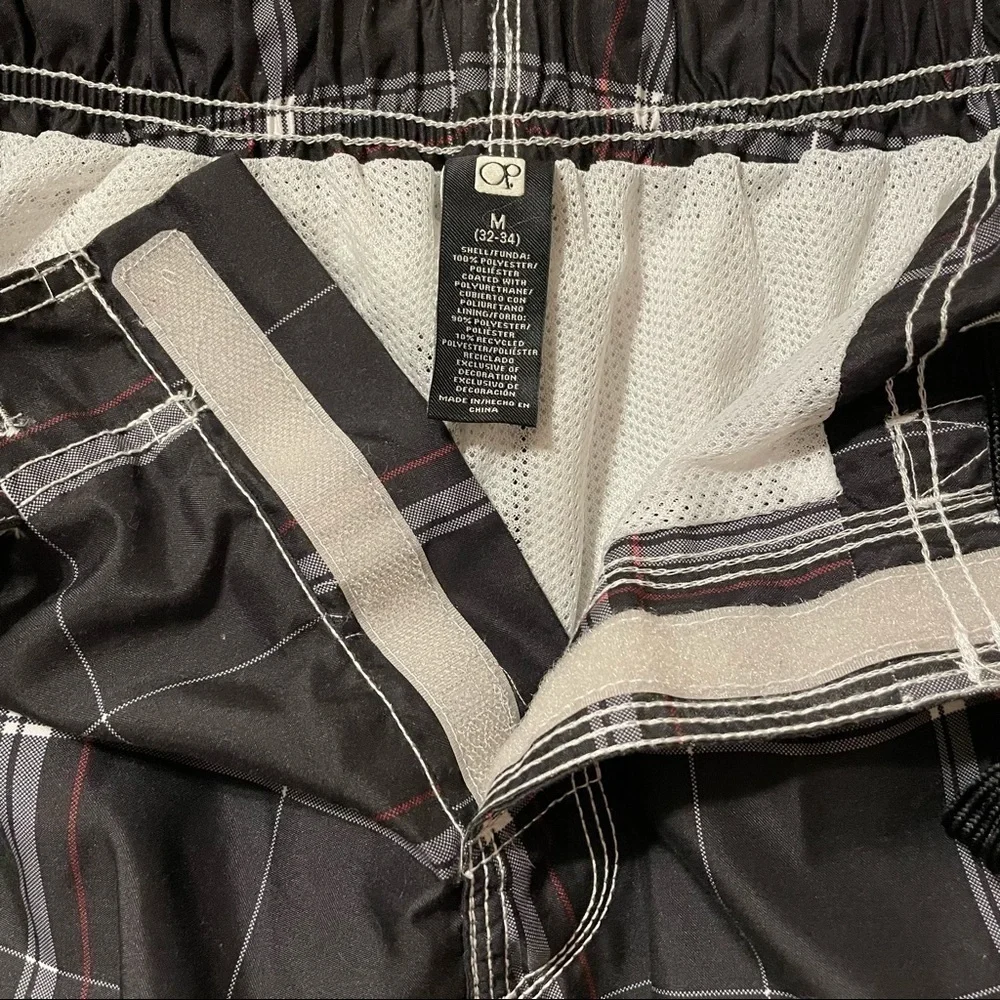 OP Black White Red Board Shorts Swim Trunks Windowpane pattern mesh lining Med
